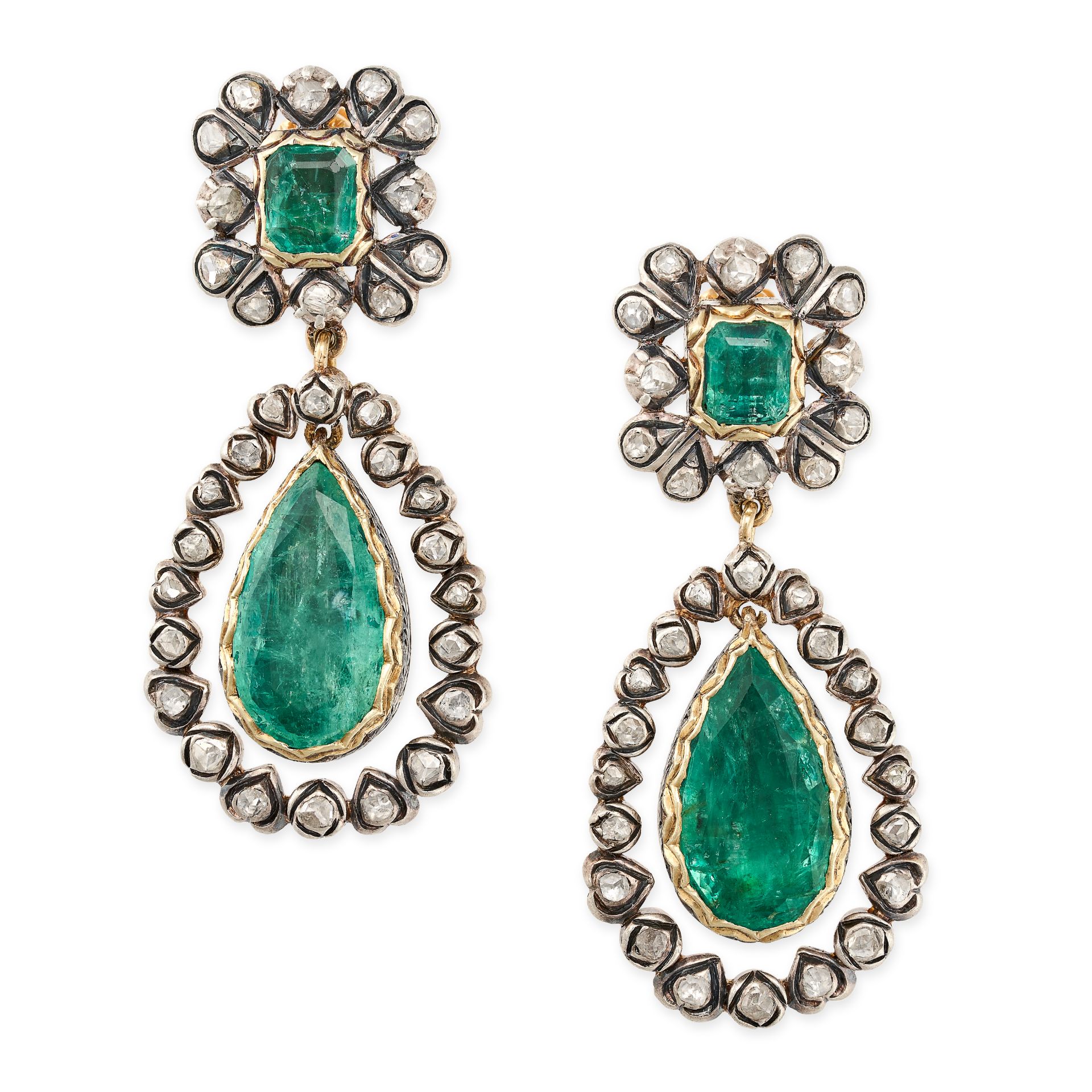 A PAIR OF EMERALD AND DIAMOND DROP EARRINGS in 18ct yellow gold and silver, each set with an octa...