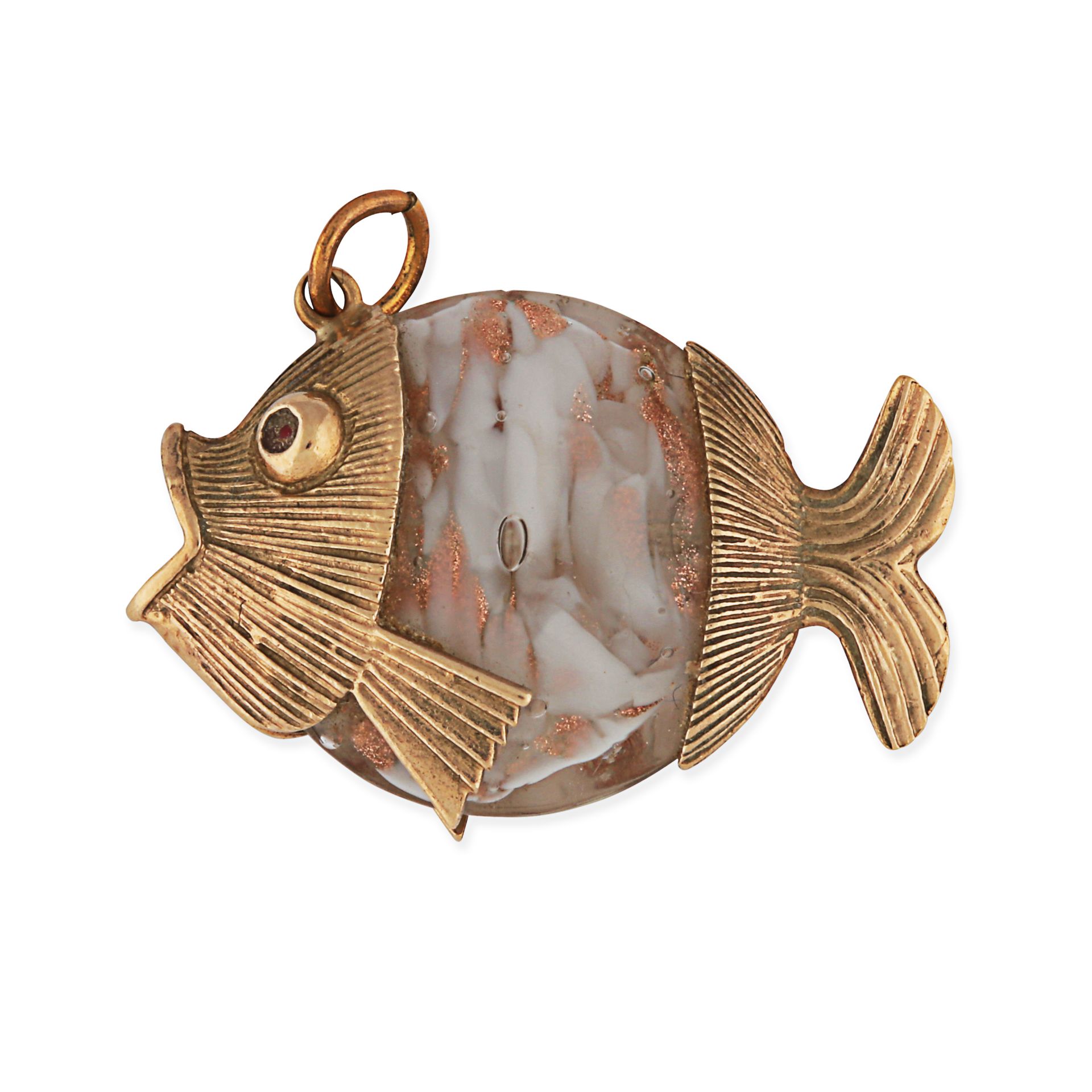 A GLASS FISH PENDANT in yellow gold, designed as a fish, the body set with glass, no assay marks,...