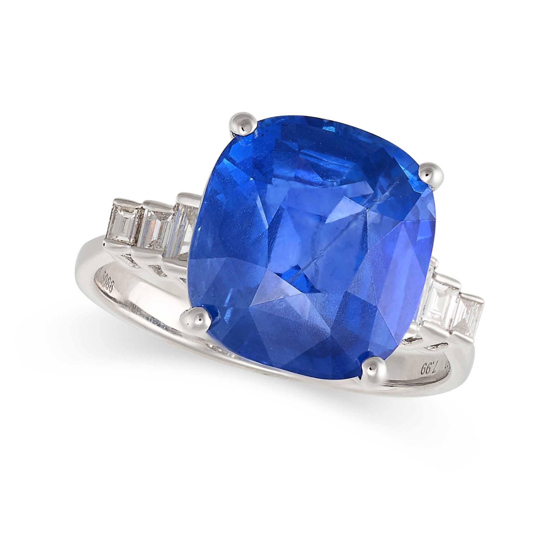 A CEYLON NO HEAT SAPPHIRE AND DIAMOND RING in 18ct white gold, set with a cushion cut sapphire of...