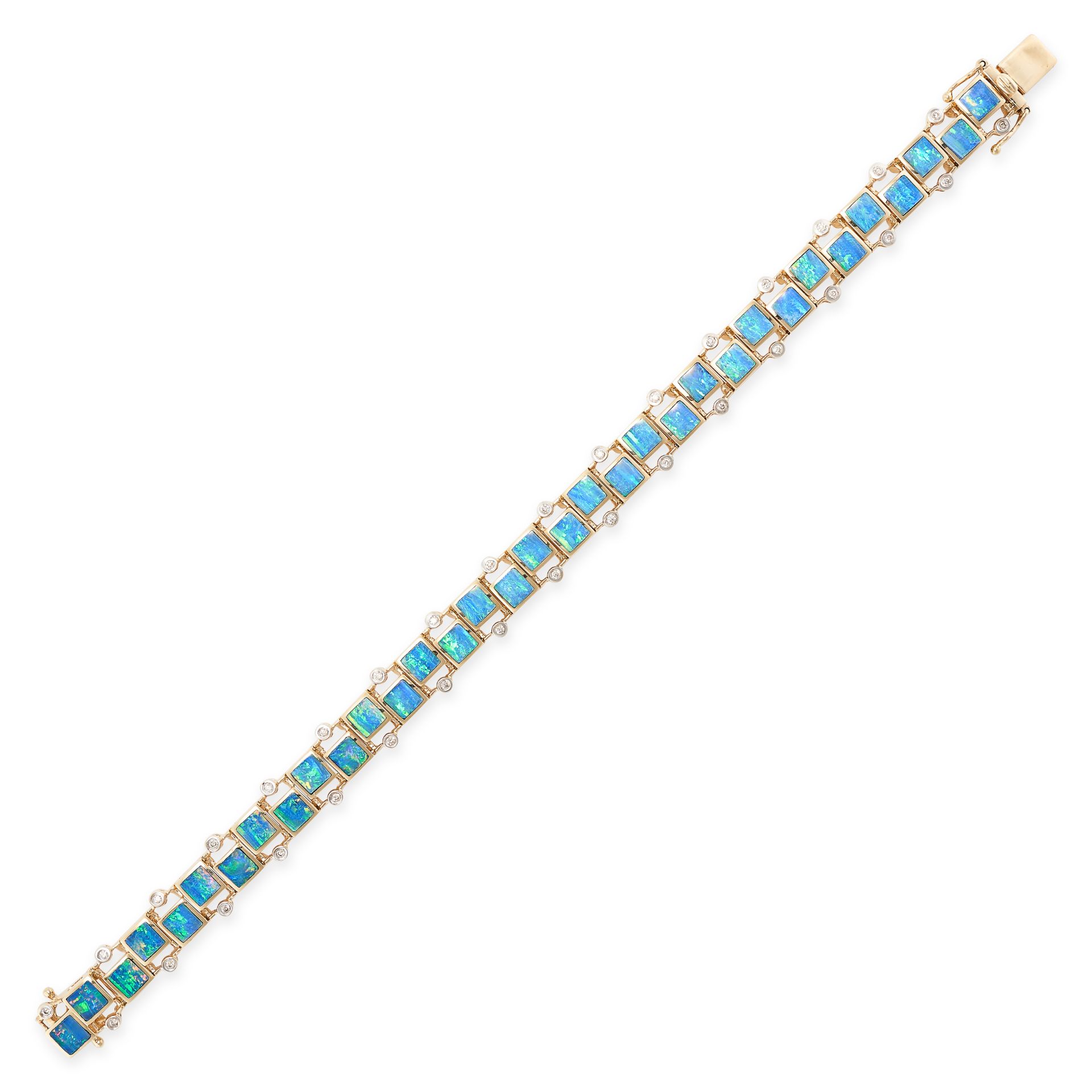 A BLACK OPAL AND DIAMOND BRACELET in 14ct yellow gold, set with a series of square opal slices ac...