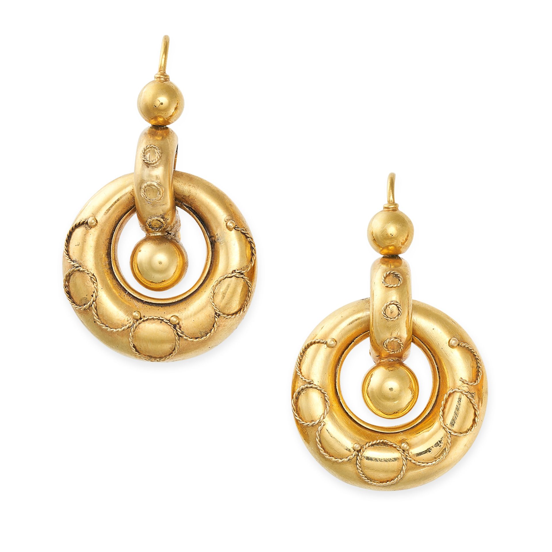 A PAIR OF ANTIQUE GOLD DROP EARRINGS in yellow gold, in Etruscan Revival style suspending an arti...