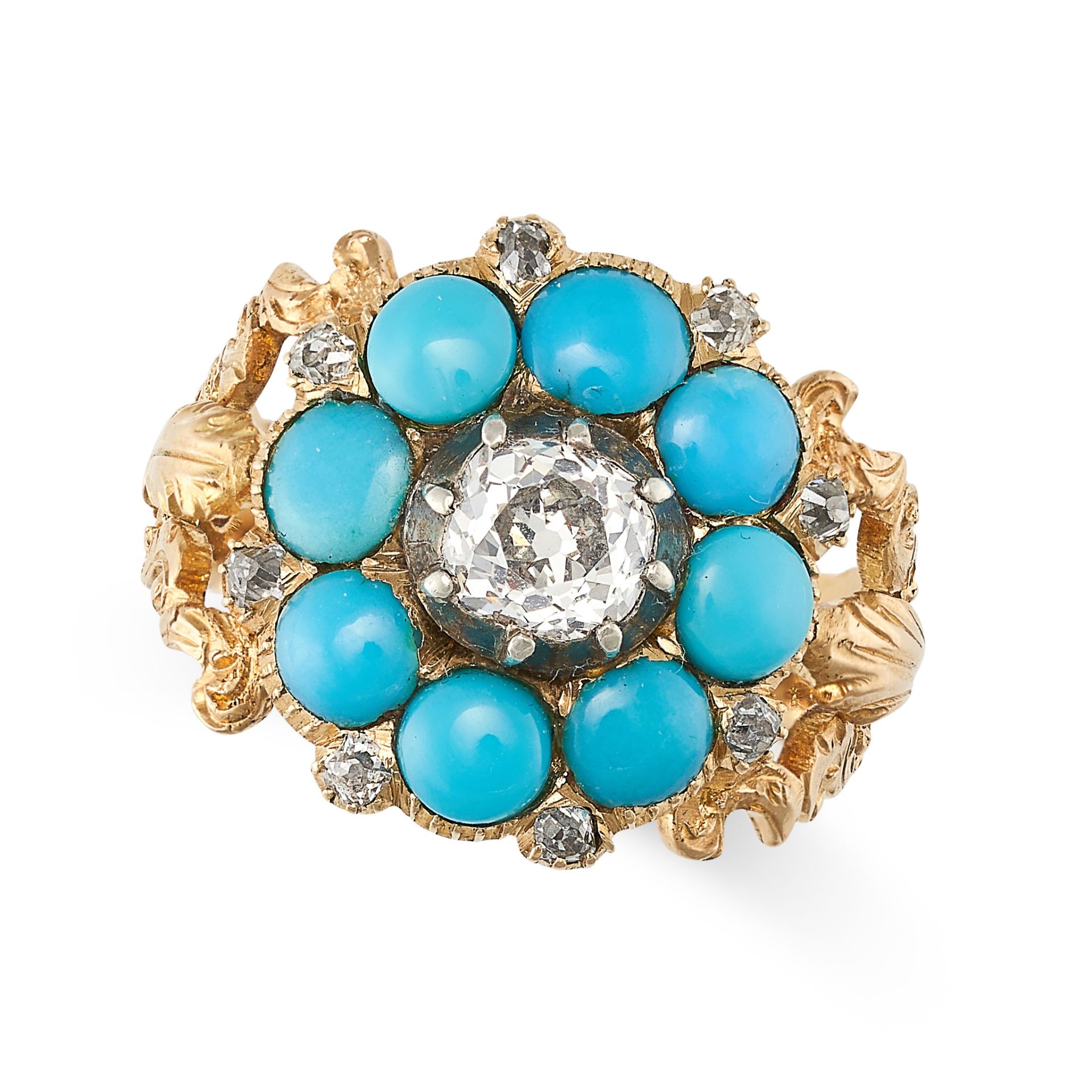 AN ANTIQUE TURQUOISE AND DIAMOND RING in yellow gold, set with an old cut diamond in a cluster of...