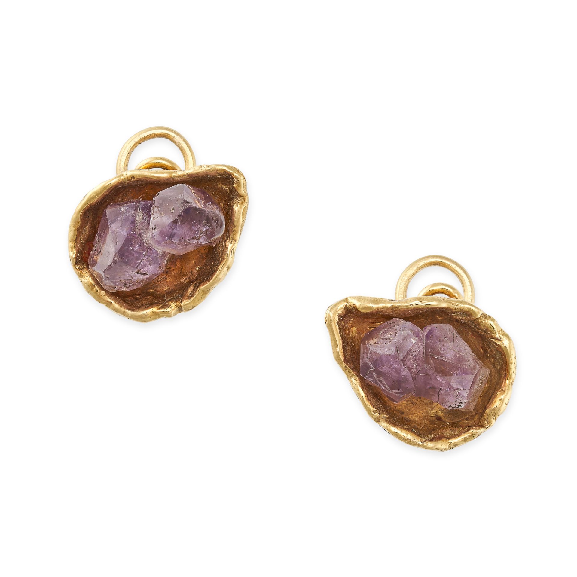 JOHN DONALD, A PAIR OF AMETHYST CLIP EARRINGS in 18ct yellow gold, each set with a rough amethyst...