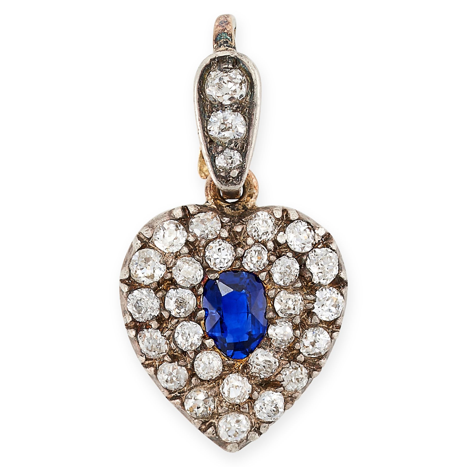 AN ANTIQUE SAPPHIRE AND DIAMOND HEART PENDANT in yellow gold and silver, set to the centre with a...