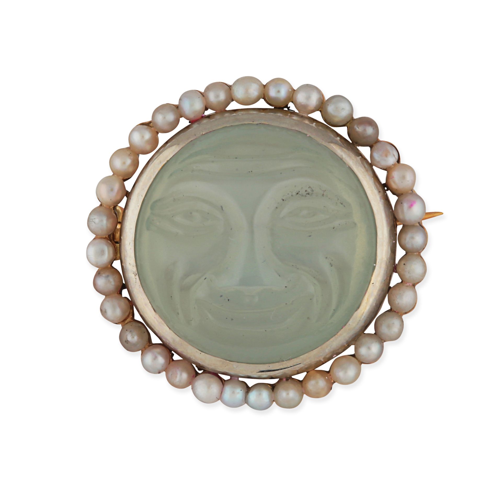 A PEARL AND CARVED MOONSTONE MAN IN THE MOON BROOCH, EARLY 20TH CENTURY in yellow gold, set with ...