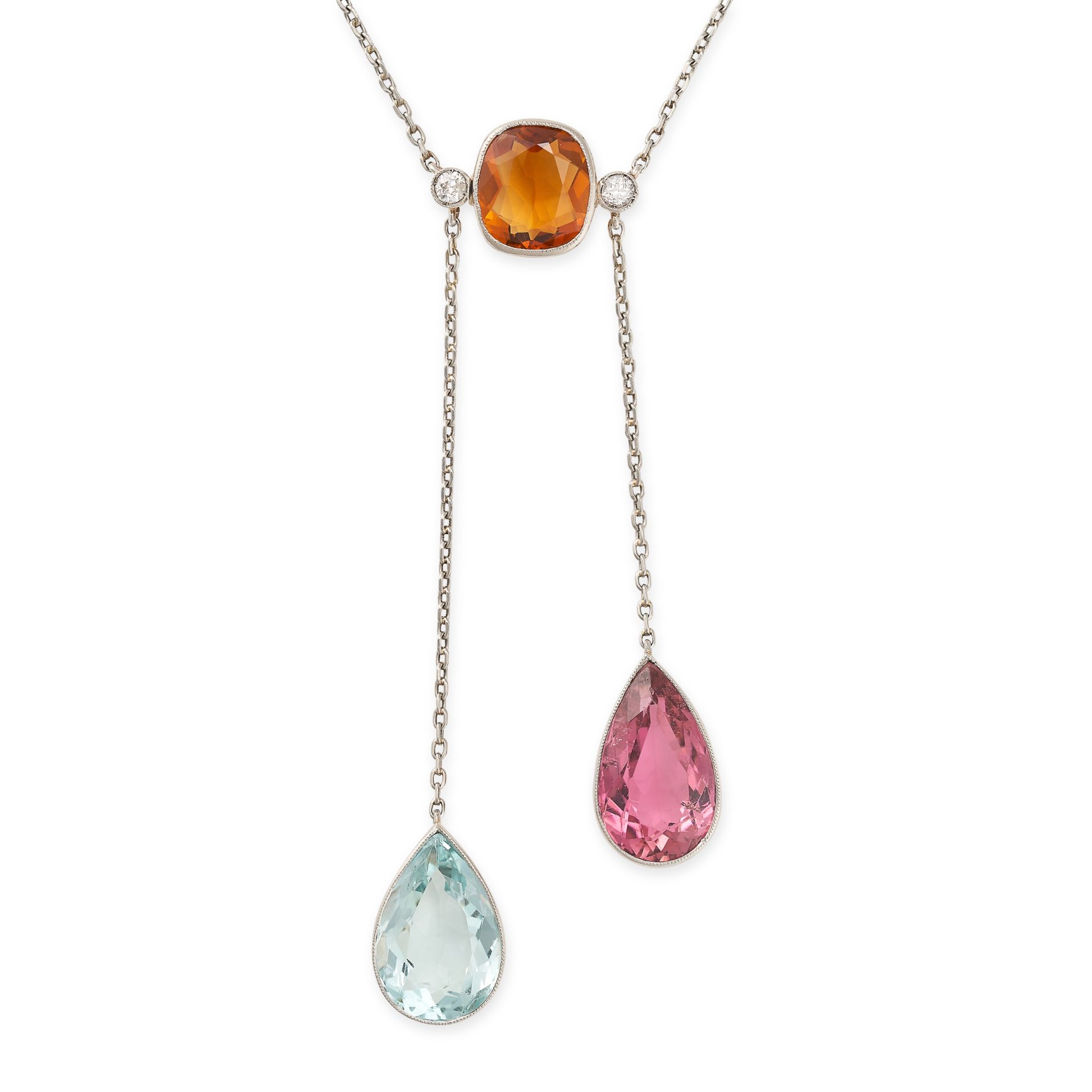 A CITRINE, AQUAMARINE AND PINK TOURMALINE NEGLIGEE NECKLACE in platinum and 18ct yellow gold, com...