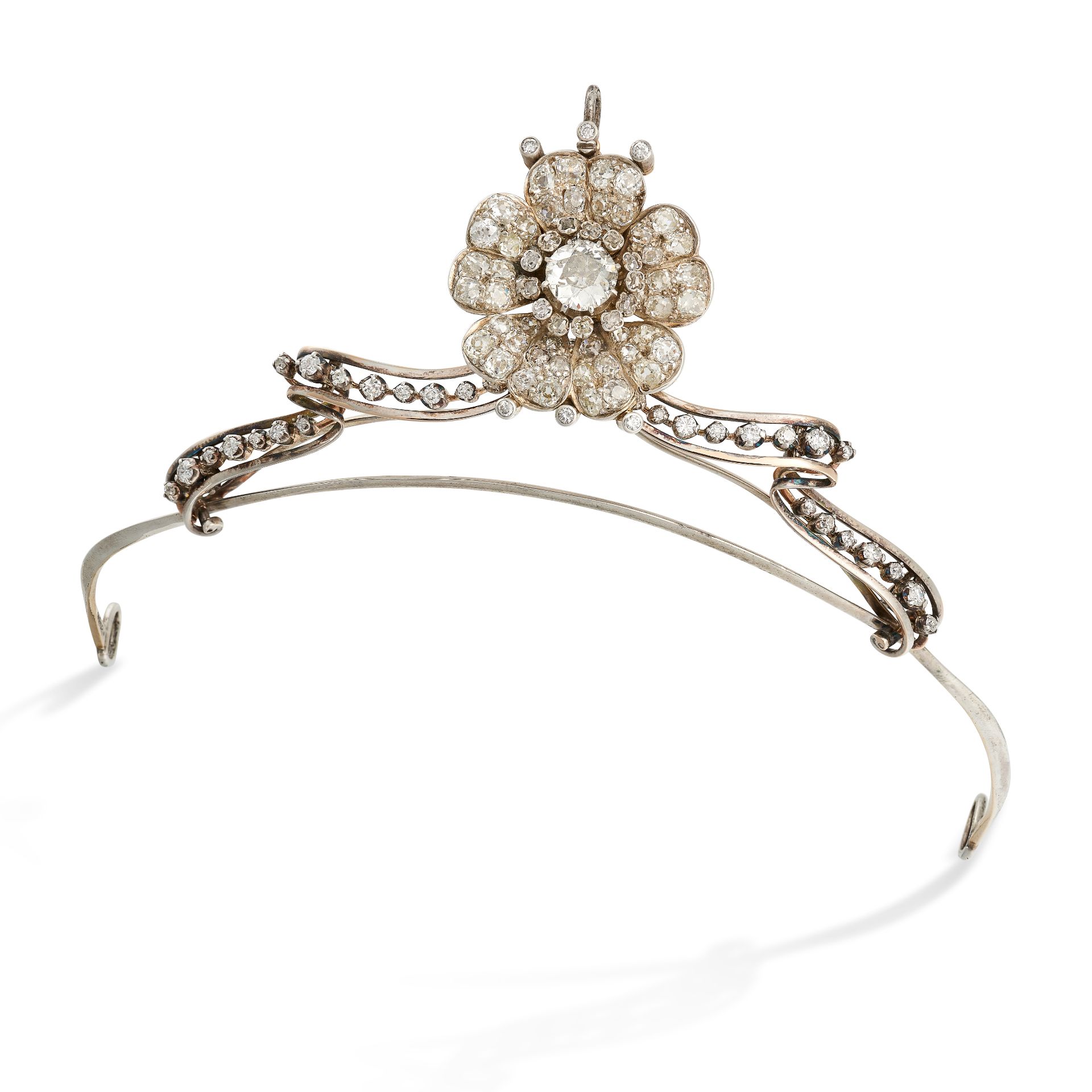 HUGLER, AN ANTIQUE DIAMOND TIARA / NECKLACE, VIENNA, 1880 AND LATER in gold and silver, in floral d