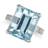 AN AQUAMARINE AND DIAMOND RING in 18ct white gold, set with an emerald cut aquamarine of approxim...