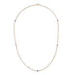 A PEARL, AMETHYST AND PERIDOT CHAIN NECKLACE in 15ct yellow gold, the chain with alternating pear...