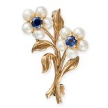 A SAPPHIRE AND PEARL FLOWER BROOCH in 9ct yellow gold, each flower set with a round cut sapphire ...