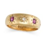 AN ANTIQUE VICTORIAN RUBY AND DIAMOND GYPSY RING in 18ct yellow gold, the wide band set with an o...