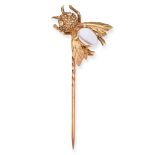 AN ANTIQUE VICTORIAN MOONSTONE AND DIAMOND BEE STICK / TIE PIN in 9ct yellow gold, designed as a ...