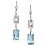 A PAIR OF AQUAMARINE AND DIAMOND DROP EARRINGS in white gold, each set with a round brilliant cut...