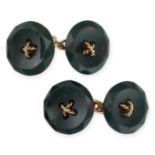 A PAIR OF ANTIQUE VICTORIAN BLOODSTONE CUFFLINKS in 18ct yellow gold, each face stylised as a fac...