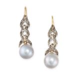 A PAIR OF DIAMOND AND PEARL DROP EARRINGS in yellow gold, each earring with a diamond set drop te...