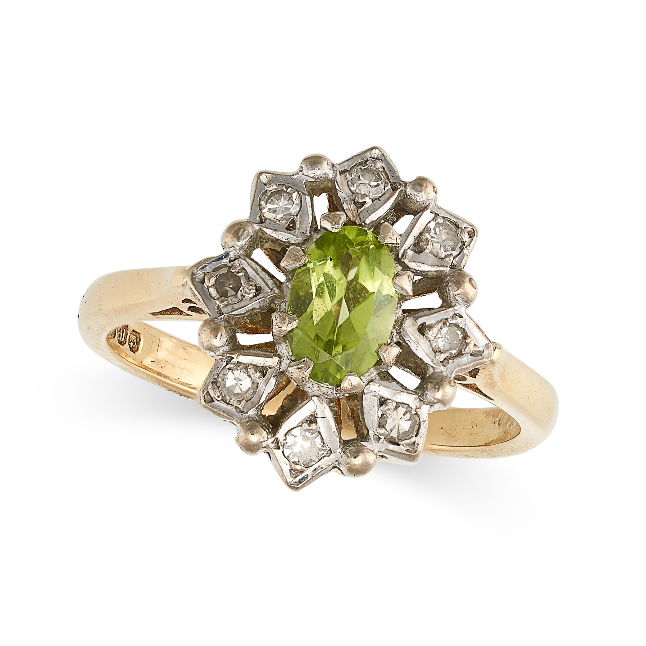 A VINTAGE PERIDOT AND DIAMOND CLUSTER RING in 18ct yellow gold, set with an oval cut peridot in a...