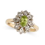 A VINTAGE PERIDOT AND DIAMOND CLUSTER RING in 18ct yellow gold, set with an oval cut peridot in a...