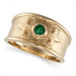 AN EMERALD BAND RING in 9ct yellow gold, the textured, tapering band set with a round cut emerald...