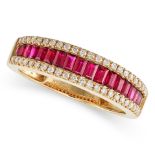 A RUBY AND DIAMOND BAND RING in 18ct yellow gold, set half way around with a row of graduated ste...