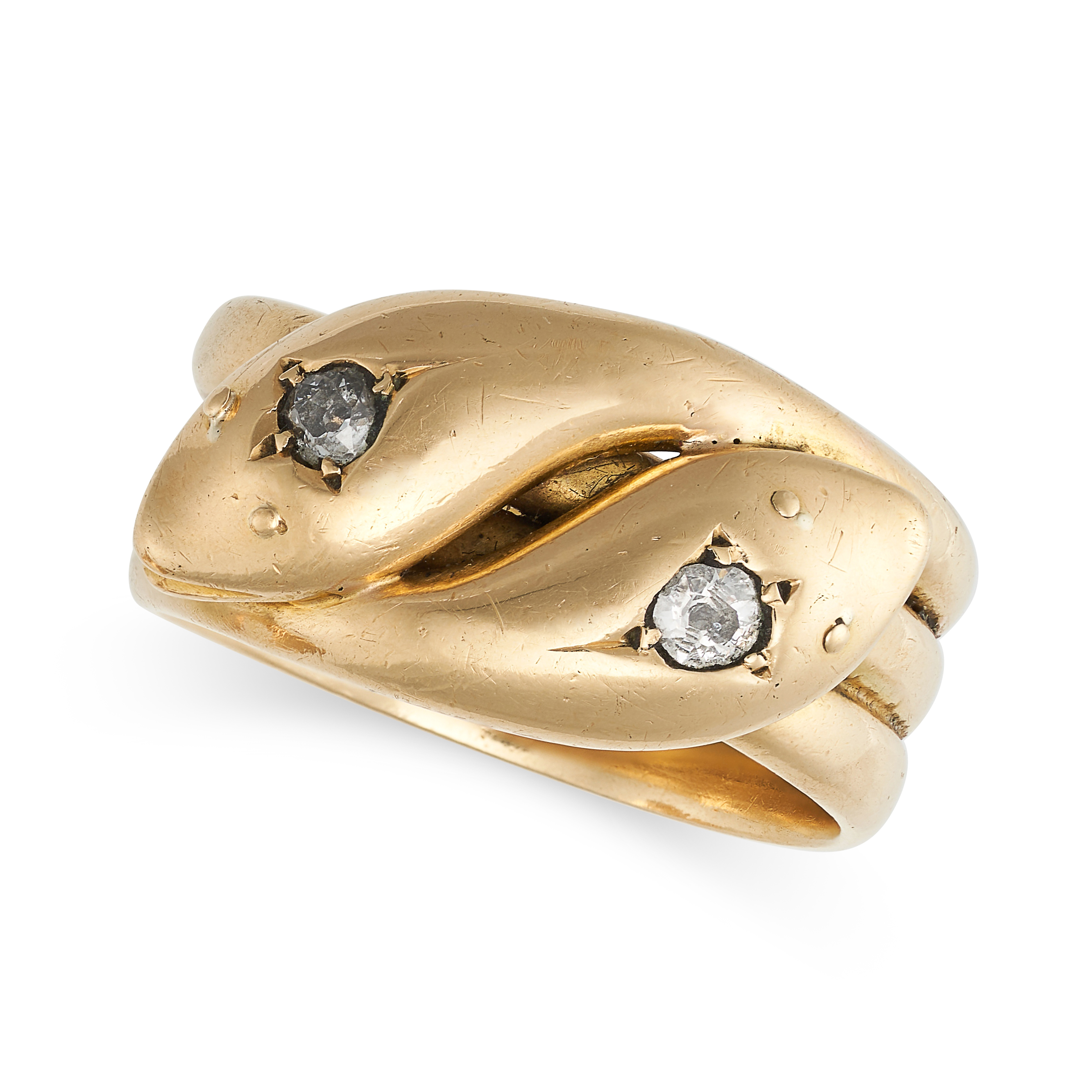AN ANTIQUE EDWARDIAN DIAMOND SNAKE RING in 18ct yellow gold, designed as two coiled snakes, each ...
