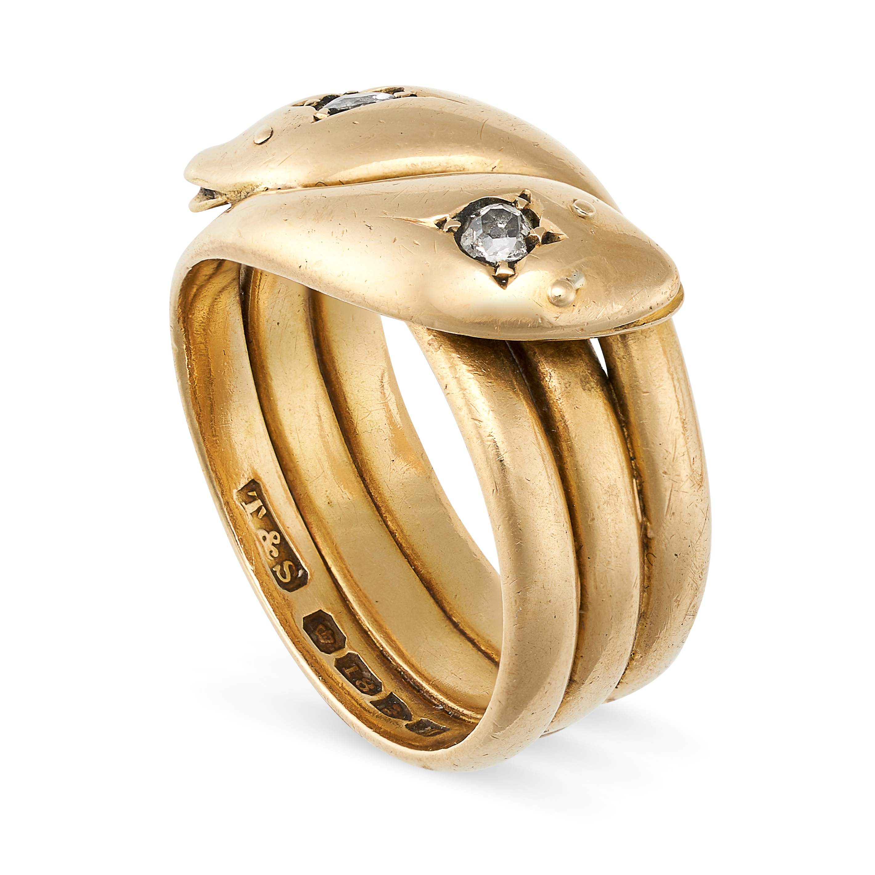 AN ANTIQUE EDWARDIAN DIAMOND SNAKE RING in 18ct yellow gold, designed as two coiled snakes, each ... - Image 2 of 2