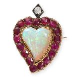 AN ANTIQUE OPAL, RUBY AND DIAMOND WITCH'S HEART BROOCH in yellow gold, set with a heart shaped ca...