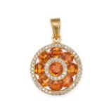 AN ORANGE SAPPHIRE AND DIAMOND PENDANT in yellow gold, set with a round cut sapphire in halos of ...