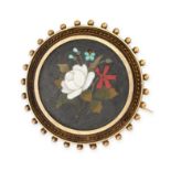 AN ANTIQUE PIETRA DURA BROOCH with an inlaid floral motif made from various hard stones to a wire...