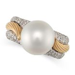 MIKIMOTO, A PEARL AND DIAMOND COCKTAIL RING in 18ct yellow gold and white gold, the stylised band...