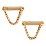A PAIR OF VINTAGE FRENCH STIRRUP CUFFLINKS in 18ct yellow gold with gold rope work, French hallma...