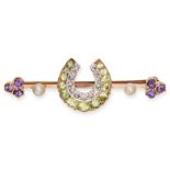 AN ANTIQUE VICTORIAN SUFFRAGETTE HORSESHOE BAR BROOCH in yellow gold, the horseshoe motif set wit...