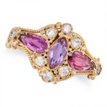 AN ANTIQUE VICTORIAN AMETHYST AND DIAMOND RING in 15ct yellow gold, set with a central marquise c...