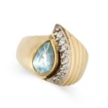A VINTAGE AQUAMARINE AND DIAMOND DRESS RING in 18ct yellow gold, set with a pear shaped aquamarin...