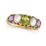AN ANTIQUE PEARL, PERIDOT AND AMETHYST SUFFRAGETTE RING in yellow gold, set with an oval peridot ...
