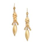 A PAIR OF ANTIQUE VICTORIAN DROP EARRINGS in 15ct yellow gold, in Etruscan revival design, the ea...