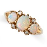 AN OPAL AND DIAMOND RING in 9ct yellow gold, set with three oval cabochon cut opals, accented by ...