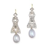 A PAIR OF DIAMOND AND PEARL DROP EARRINGS in platinum and yellow gold, in geometric design, set w...