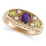 AN AMETHYST, PERIDOT AND PEARL DRESS RING in 9ct yellow gold, set with an oval cut amethyst betwe...