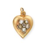 AN ANTIQUE VICTORIAN PEARL AND DIAMOND HEART PENDANT in yellow gold, set with a cluster of pearls...
