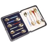 A SET OF SIX NORWEGIAN STERLING SILVER AND ENAMEL COFFEE SPOONS