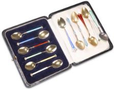 A SET OF SIX NORWEGIAN STERLING SILVER AND ENAMEL COFFEE SPOONS