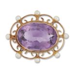 A 9 CARAT GOLD AMETHYST AND CULTURED PEARL BROOCH