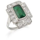 AN EMERALD AND DIAMOND CLUSTER RING