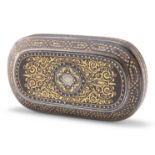 A RARE SPANISH TOLEDO, GOLD, SILVER AND DAMASCENED SNUFF BOX