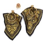VERSACE - A PAIR OF BLACK AND GOLD BAROCCO SILK SCARF EARRINGS AND A MEDUSA MEDALLION RING