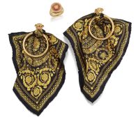 VERSACE - A PAIR OF BLACK AND GOLD BAROCCO SILK SCARF EARRINGS AND A MEDUSA MEDALLION RING