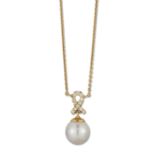 AN 18 CARAT GOLD CULTURED PEARL AND DIAMOND PENDANT NECKLACE