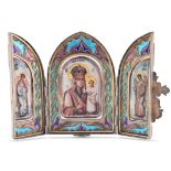 A RUSSIAN SILVER AND ENAMEL TRIPTYCH ICON