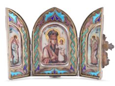 A RUSSIAN SILVER AND ENAMEL TRIPTYCH ICON