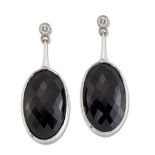 A PAIR OF 18 CARAT WHITE GOLD BLACK SAPPHIRE AND DIAMOND PENDANT EARRINGS